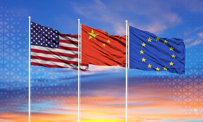 Three realistic flags of European Union, United States and china on flagpoles and blue sky.