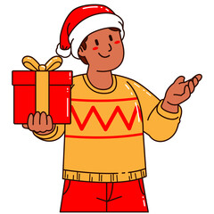 Boy in a Santa Claus hat holding a gift box