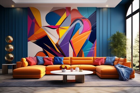 A Contemporary Living Room With A 3D Intricate, Colorful Pattern That Wraps Around A Corner, Offering A Unique Visual Experience,