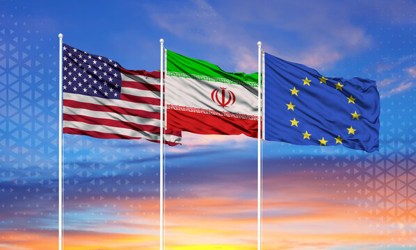 Three realistic flags of European Union, United States and iran on flagpoles and blue sky.