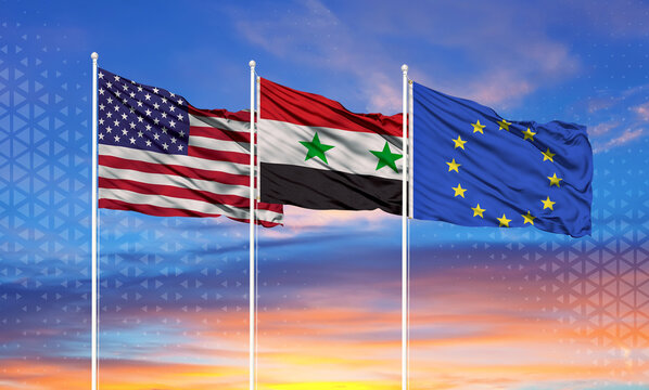 Three realistic flags of European Union, United States and Syria on flagpoles and blue sky.