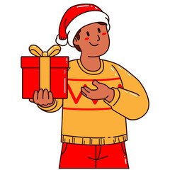 Boy in a Santa Claus hat holding a gift box