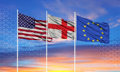 Three realistic flags of European Union, United States and england on flagpoles and blue sky