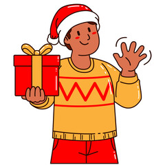 Boy in a Santa Claus hat holding a gift box