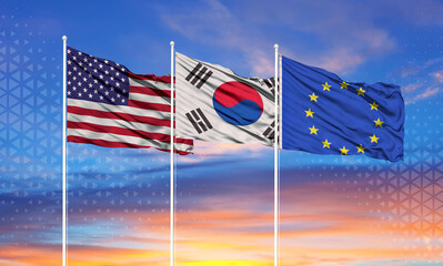Three realistic flags of European Union, United States and South Korea on flagpoles and blue sky