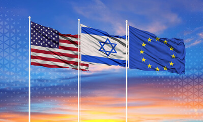 Three realistic flags of European Union, United States and Israel on flagpoles and blue sky