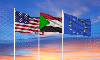 Three realistic flags of European Union, United States and Sudan on flagpoles and blue sky