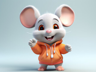 Cheerful animated mouse in orange hoodie smiling warmly. Perfect for children's content, ads, or playful marketing campaigns with a touch of cuteness.