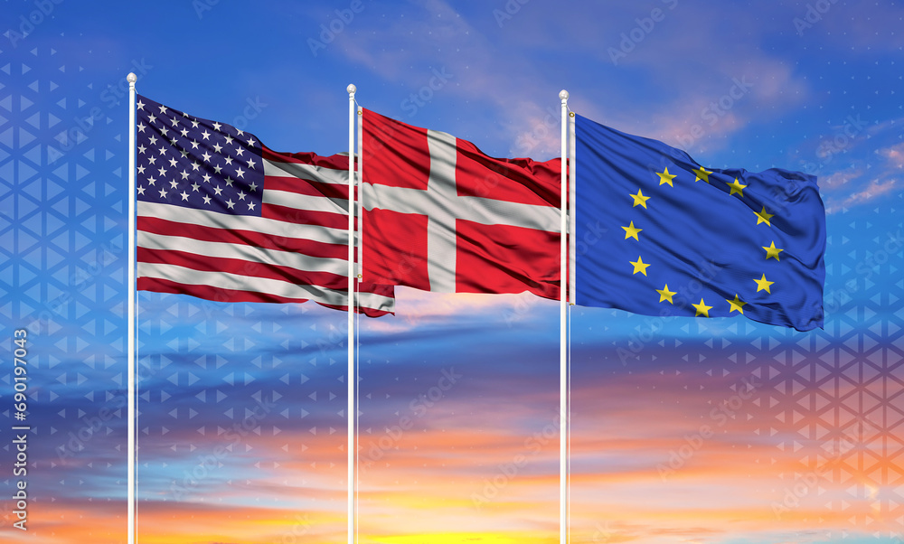 Wall mural Three realistic flags of European Union, United States and Denmark on flagpoles and blue sky