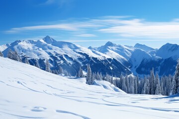 A winter wonderland of snow-covered mountains, inviting snowboarders