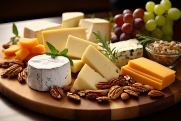 Photo of a gourmet cheese and charcuterie board with accompaniments. Generative AI - Powered by Adobe