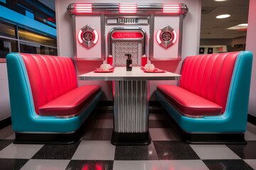 Photo of a jukebox diner booth with vinyl seating. Generative AI - obrazy, fototapety, plakaty