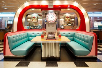 Photo of a jukebox diner booth with vinyl seating. Generative AI - obrazy, fototapety, plakaty