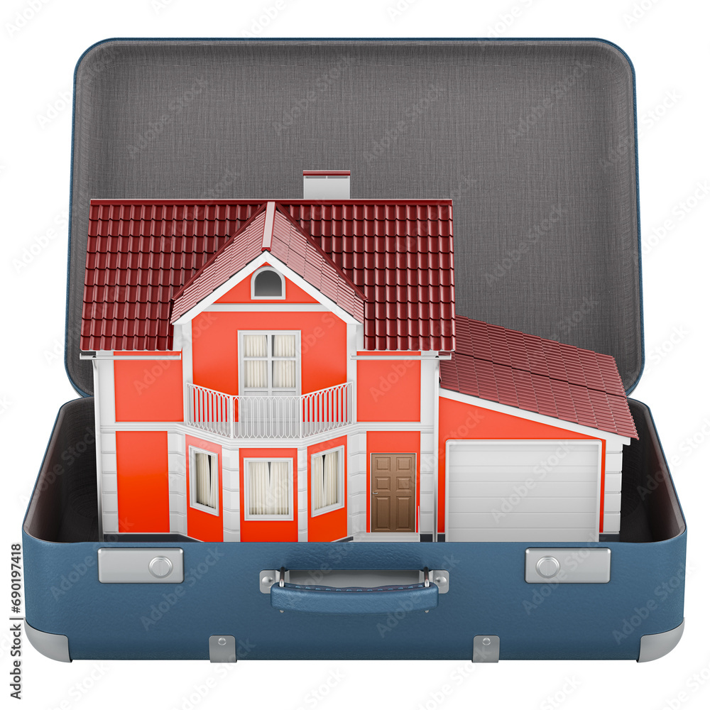 Poster home inside suitcase, 3d rendering isolated on transparent background