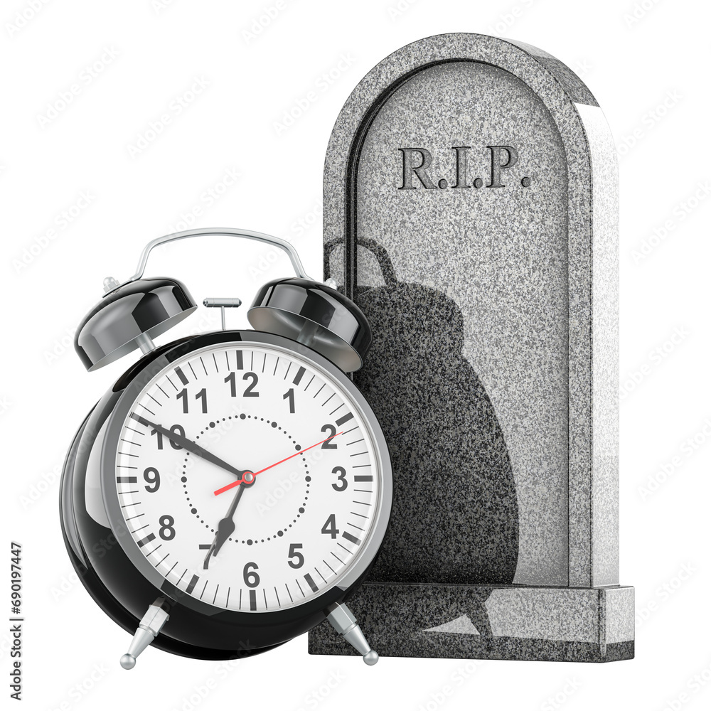 Poster tombstone with alarm clock, 3d rendering isolated on transparent background