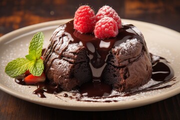 Photo of a mouthwatering chocolate lava cake with a gooey center. Generative AI