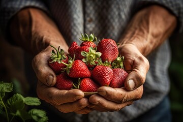 closeup of farmer's hands holding fresh ripe sweet strawberry - obrazy, fototapety, plakaty