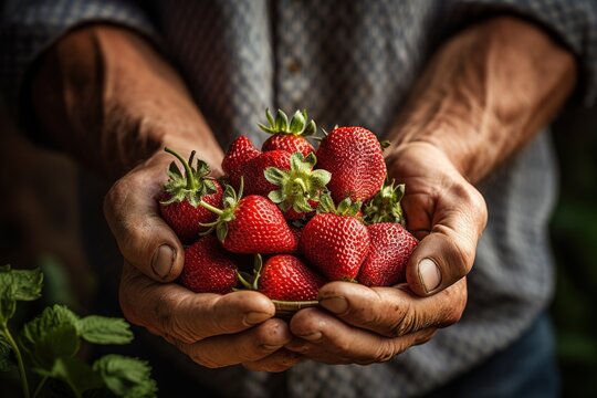 closeup of farmer's hands holding fresh ripe sweet strawberry
