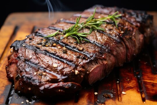 Photo of a perfectly grilled steak with grill marks. Generative AI