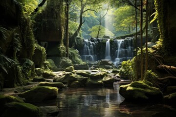 Photo of a serene forest glade with a hidden waterfall. Generative AI