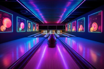 Photo of a retro bowling alley with neon lights. Generative AI