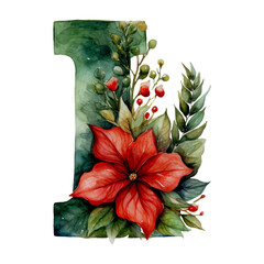 Floral Christmas Alphabet Decoration Watercolor Clipart. Watercolor Christmas floral character capital letter I.