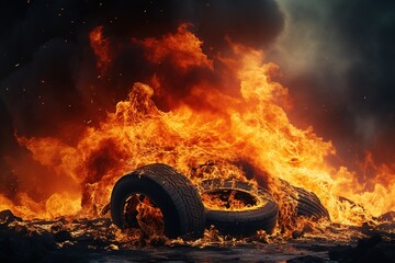 burning old used tires with dark smoke - obrazy, fototapety, plakaty