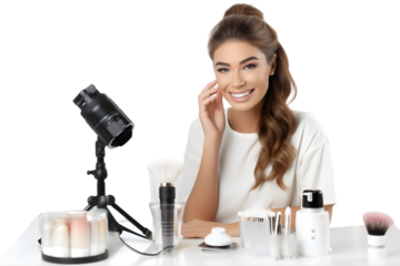 Beautiful smiling Woman blogger making a video for her blog on cosmetics using a phone with tripod. Generative Ai.