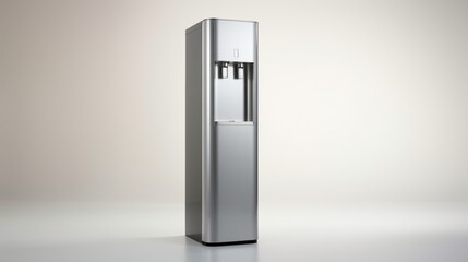 Sleek modern water cooler with stainless steel finish, standing tall against a pure white background.