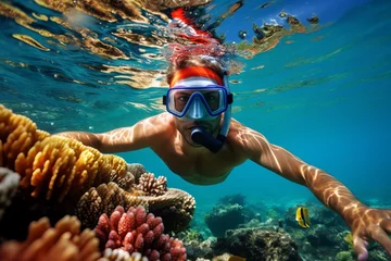 Kussenhoes A swimmer enjoying tropical snorkeling, surrounded by the vivid colors of coral reefs © Radmila Merkulova