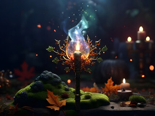 Magic wand with crystals, moss, autumn leaves, and magical smoke.