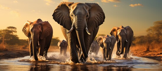 A herd of elephants walking through a puddle of water