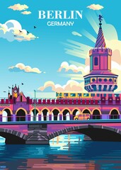 Travel Poster Berlin Germany  with Oberbaum Bridge background
