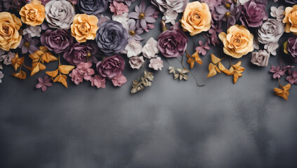 Top border of colorful paper flowers and gold leaves on a dark gray background, creating a festive...