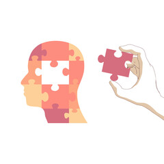 Empathy and emotional feeling support with understanding about other people problem situations person. Help in relationship crisis with psychological therapy. Behavior correction metaphor. Puzzle head