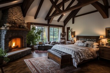 A cozy, cottage-style bedroom with wooden beams, accented by a 3D intricate colorful pattern on the quilt, offering a homey and luxurious feel