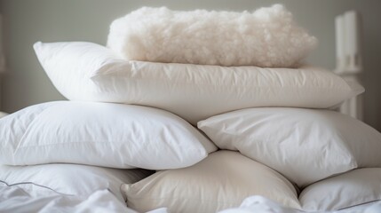 Soft bed pillows stacked, their fluffiness contrasting the white.
