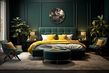 A cozy, elegant bedroom with dark forest green walls and a 3D intricate pattern in yellow on the bed throw, creating a tranquil feel