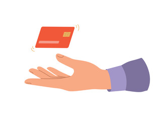 Hand with a flying credit card. Vector illustration isolated on white background