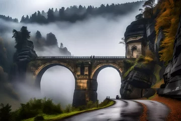 Fototapeten **misty foggy landscape of the  pravcicka gate (pravcicka brana) the largest natural sandstone arch in europe in czech switzerland (bohemian switzerland or ceske svycarsko) national park © Mazhar