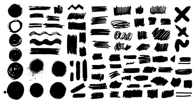 Gran colección de trazos de pincel y rotulador, trazos reales hechos a mano con formas variadas, circulares, alargadas, cuadradas, rectangulares, conjunto de trazos vectoriales en color negro