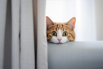 Close up of a curious cute cat peeking from behind the curtain in the background of a modern house. Animal concept of enjoying and funny.