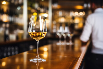 close up of a glas of white wine with blurred Bartender and bar in the back with empty copy space