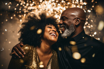 Excited couple celebrating new year making christmas selfies in glitter confetti Generative AI portrait - obrazy, fototapety, plakaty