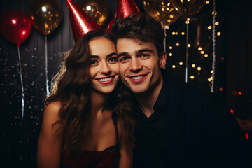 Fototapeta premium Excited festive young couple celebrating new year christmas party elegant outfit Generative AI portrait