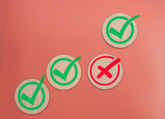 Wooden disks on a textured pink background with positive and negative graphics showing three green checks and one red x 