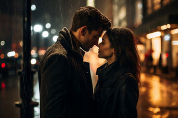 Generative AI image of dreamy romantic scene of loving people walking in evening city
