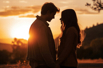 Generative AI portrait of romantic scene of young couple kissing against golden sunlight