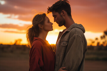 Generative AI image of romantic scene proposal against golden sunlight