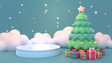 3d rendered empty podium with Christmas tree and gifts.
